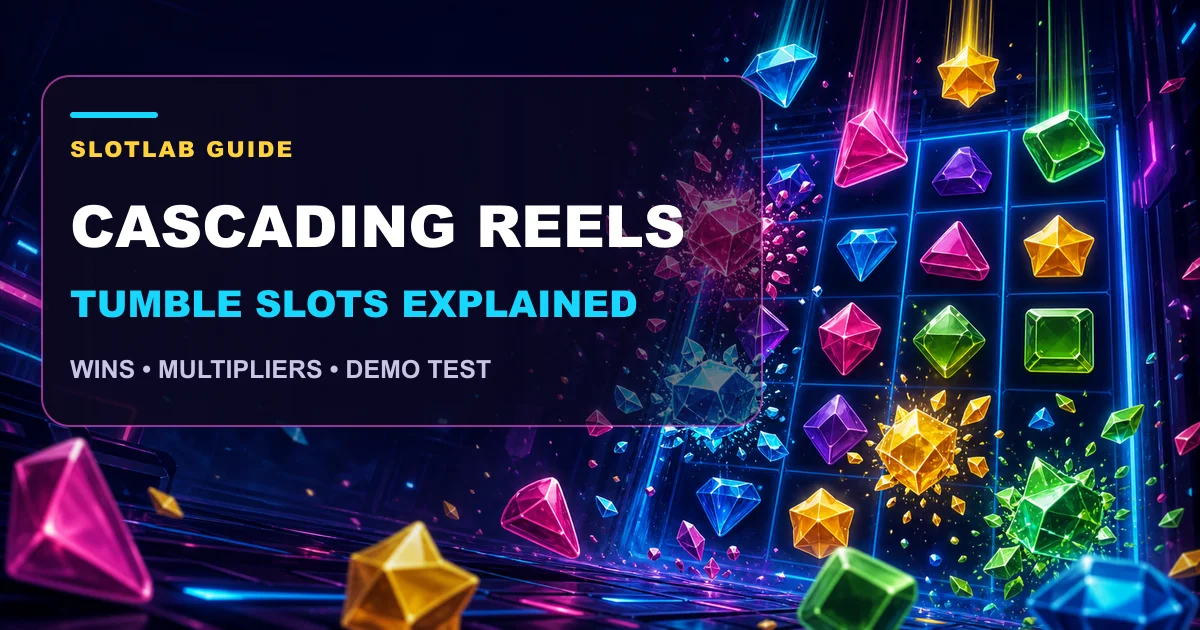 Slot symbols breaking apart as new symbols tumble into the grid beneath a Cascading Reels headline