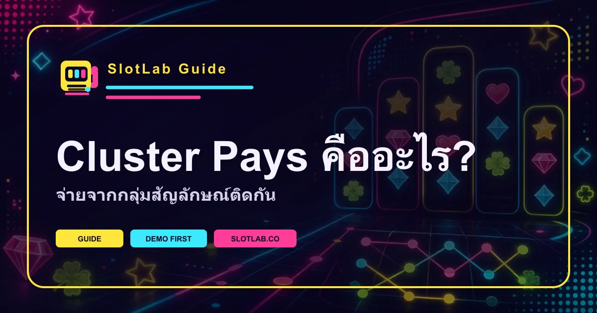 ภาพคู่มือ Cluster Pays อธิบายการชนะจากกลุ่มสัญลักษณ์ติดกัน