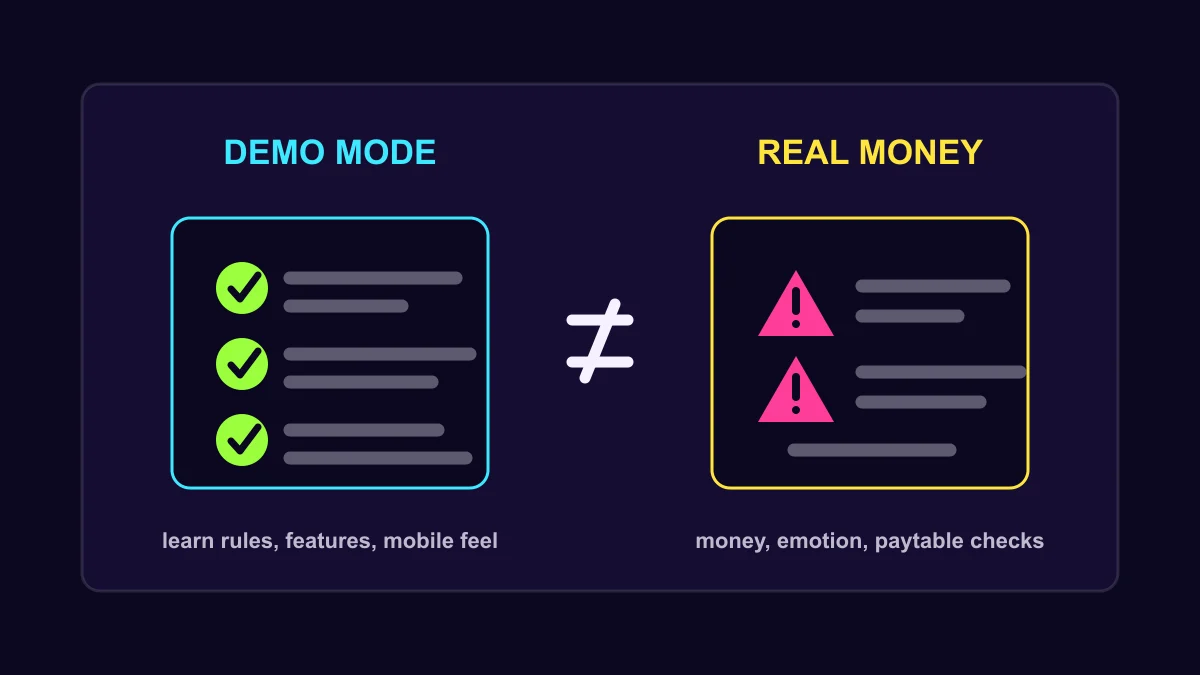 Diagram showing what demo mode can test and what real-money play still requires caution about