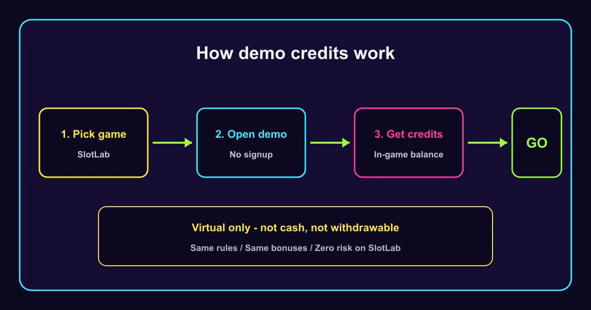Diagram showing how demo credit appears when you open a game on SlotLab