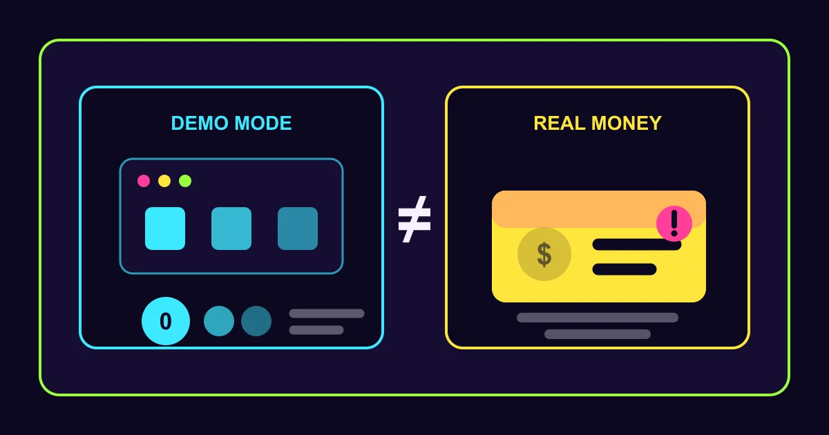 Diagram showing demo mode with virtual credits and real-money play with financial risk