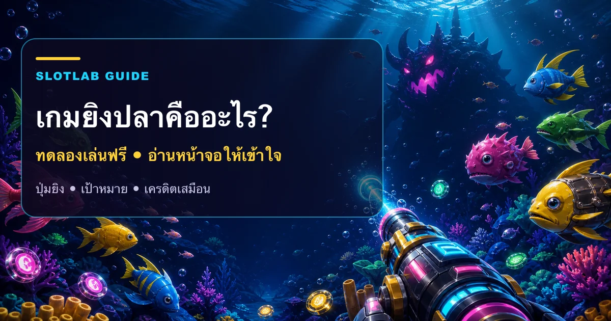ภาพคู่มือเกมยิงปลาฟรี แสดงปืนยิง เป้าหมายปลา และเครดิตเสมือน