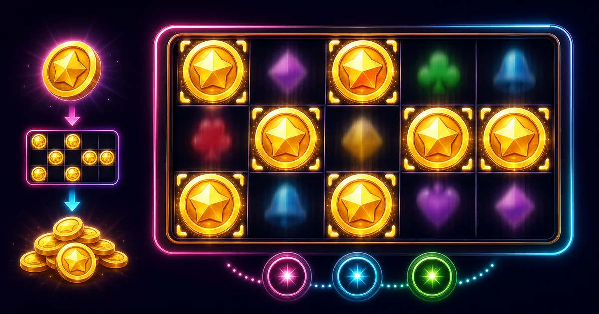 ภาพตาราง Hold and Win ที่มีเหรียญถูกล็อกและช่องอื่นหมุนต่อ