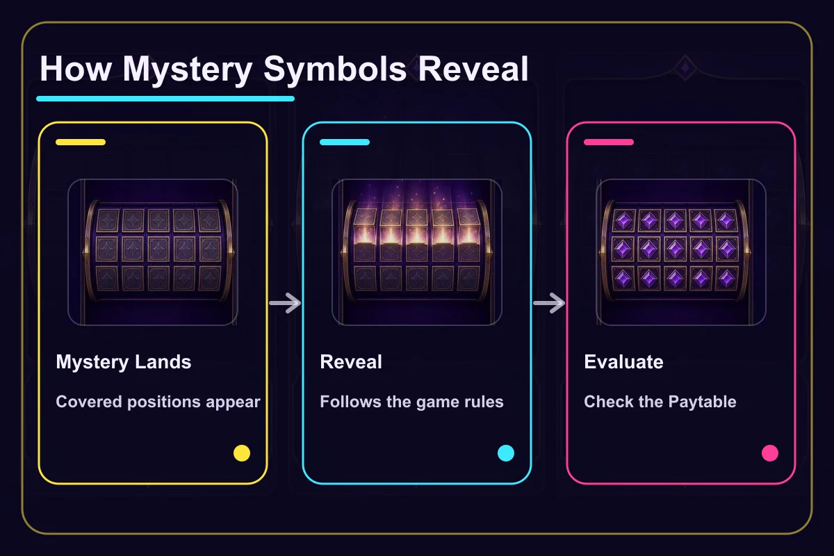 Mystery symbols landing, revealing, and being evaluated
