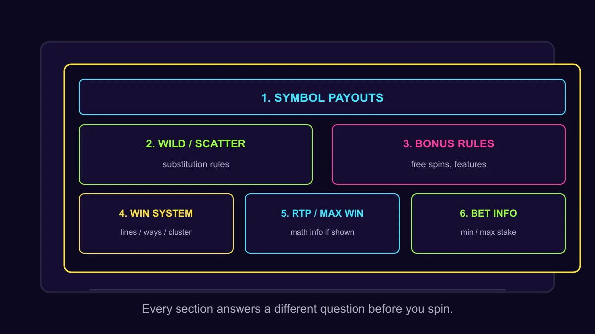 Diagram of the main sections inside a slot paytable
