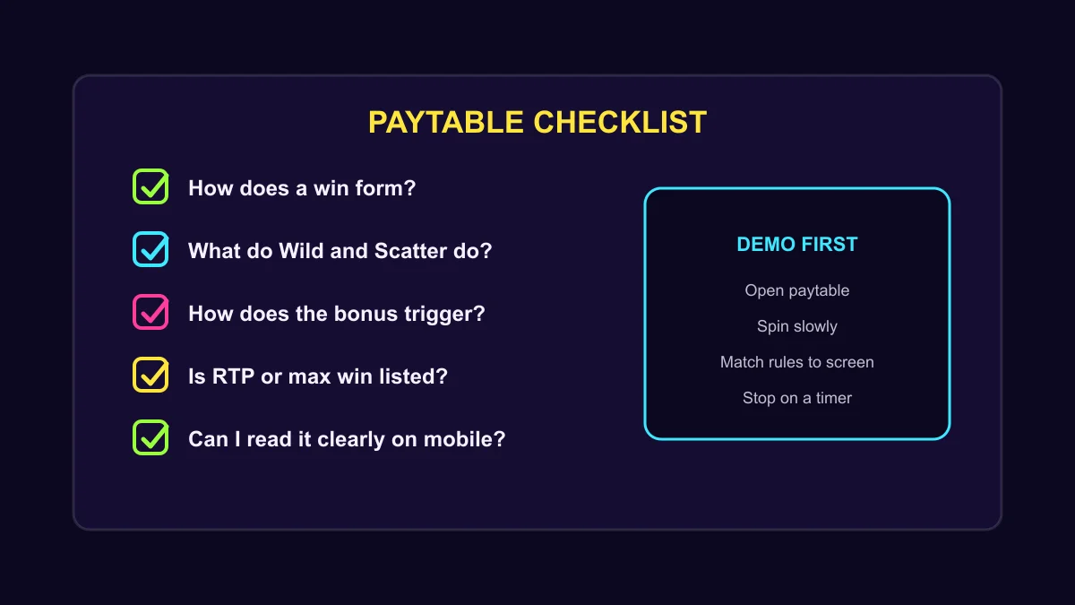 Paytable reading checklist before you spin