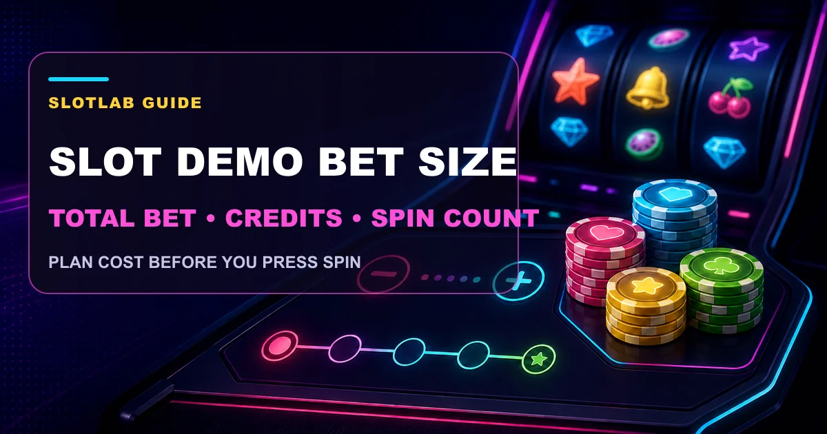 Slot control panel showing Total Bet, credit balance, and a 20-spin counter under a Demo Bet Size headline