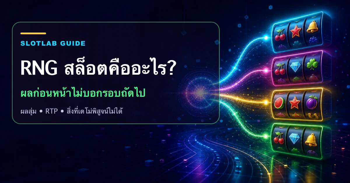 วงล้อสล็อต ตัวเลขสุ่ม และลูกศรแสดงผลแต่ละสปิน พร้อมหัวข้อ RNG สล็อตคืออะไร